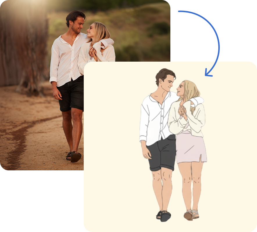 Before & After Image showing how your custom images can be stylised into illustrations and used on Crikey Customs Products